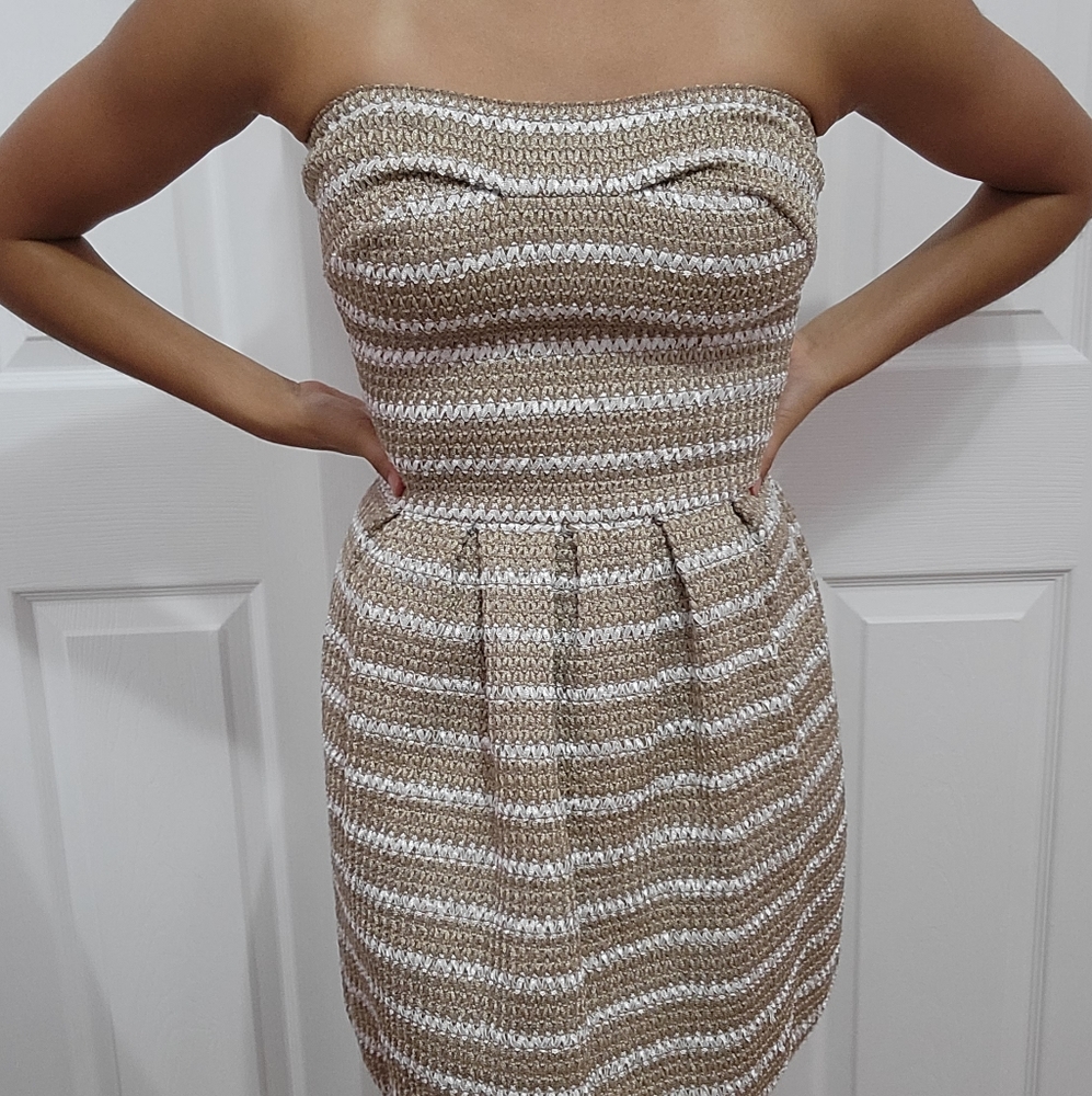 Strapless beige striped mini dress